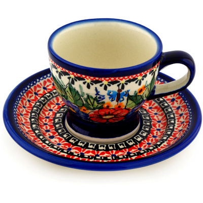 Polish Pottery Cup with Saucer 7 oz Spring Splendor UNIKAT