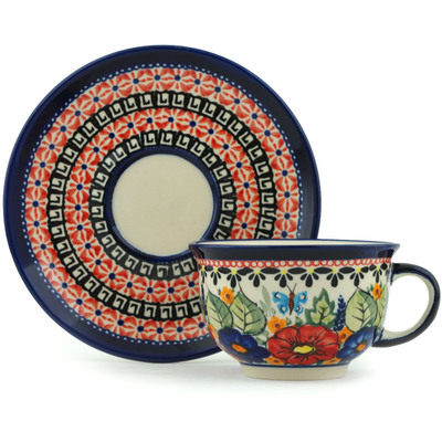Polish Pottery Cup with Saucer 7 oz Spring Splendor UNIKAT