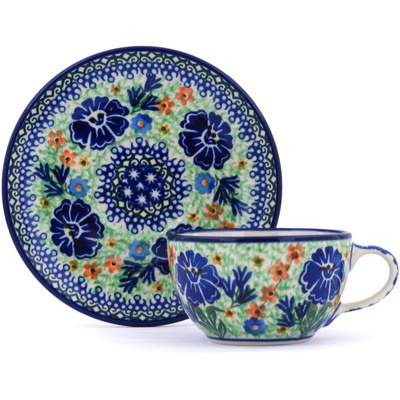 Polish Pottery Cup with Saucer 7 oz Sprouting Daisies UNIKAT