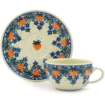 Polish Pottery Cup with Saucer 7 oz Strwaberry Fever