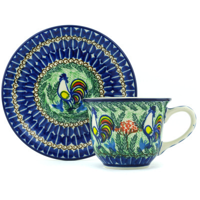 Polish Pottery Cup with Saucer 7 oz Summer Rooster UNIKAT