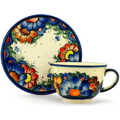 Polish Pottery Cup with Saucer 7 oz Summertime Blues UNIKAT