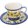Polish Pottery Cup with Saucer 7 oz Sunflowers At Sunset UNIKAT