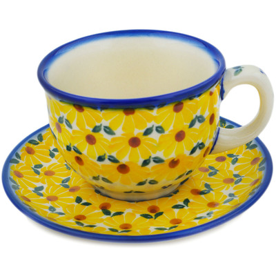 Polish Pottery Cup with Saucer 7 oz Sunset Bloom Fiesta