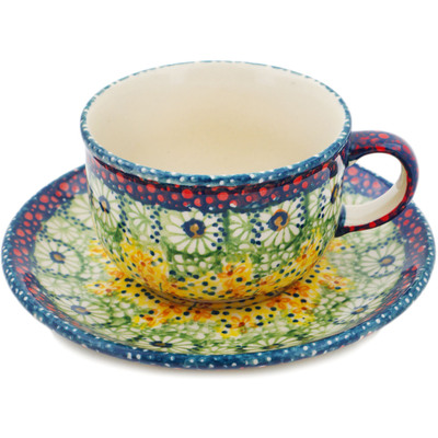Polish Pottery Cup with Saucer 7 oz Sunshine Grotto UNIKAT