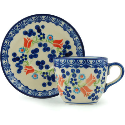 Polish Pottery Cup with Saucer 7 oz Tulip Berries
