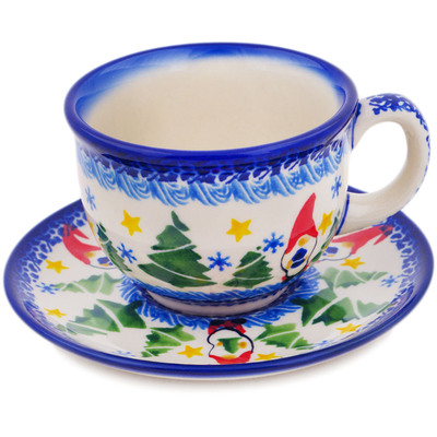 Polish Pottery Cup with Saucer 7 oz Twinkle Twinkle Little Gnome