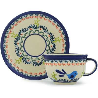 Polish Pottery Cup with Saucer 7 oz Vine Birds UNIKAT