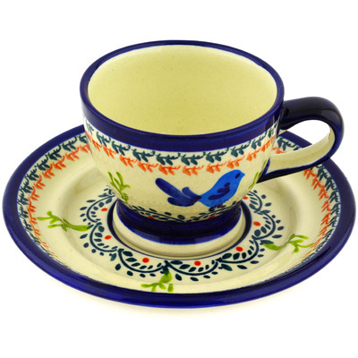 Polish Pottery Cup with Saucer 7 oz Vine Birds UNIKAT