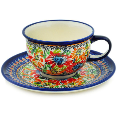 Polish Pottery Cup with Saucer 7 oz Warm Fields UNIKAT