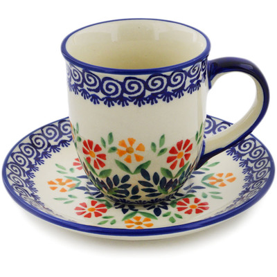 Polish Pottery Cup with Saucer 7 oz Wave Of Flowers