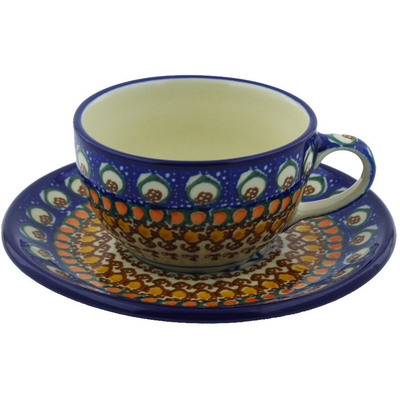 Polish Pottery Cup with Saucer 7 oz Western Peacock UNIKAT