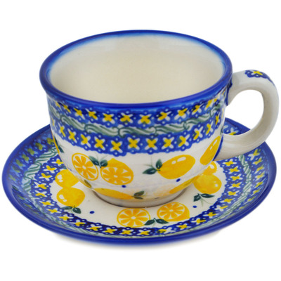 Polish Pottery Cup with Saucer 7 oz When Life Gives You Lemons