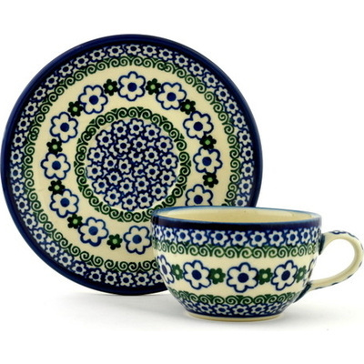 Polish Pottery Cup with Saucer 7 oz White Daisy Dots