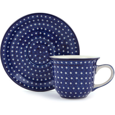 Polish Pottery Cup with Saucer 7 oz White Polka Dot UNIKAT