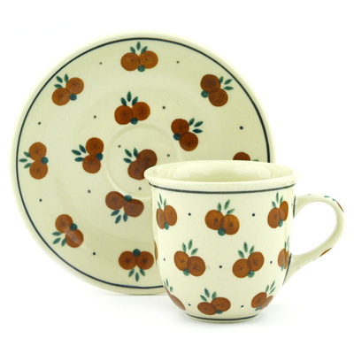 Polish Pottery Cup with Saucer 7 oz Wild Cherry