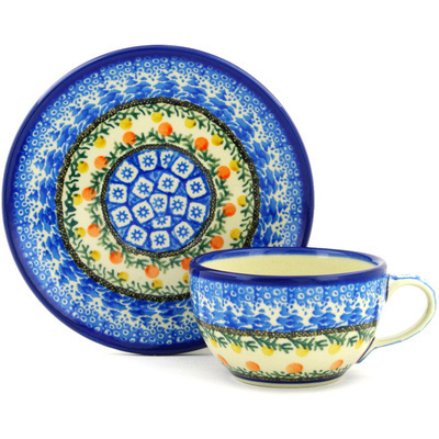 Polish Pottery Cup with Saucer 7 oz Winter Forest UNIKAT