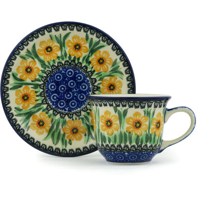Polish Pottery Cup with Saucer 7 oz Yellow Daffodil Field UNIKAT