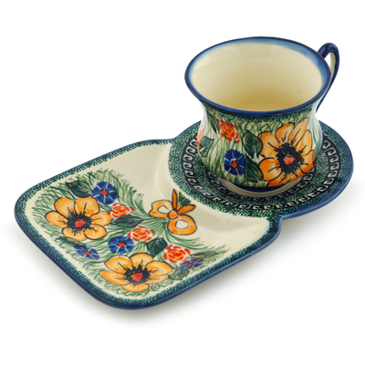 Polish Pottery Cup with Saucer 7 oz Yellow Flower UNIKAT
