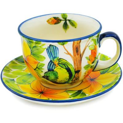 Polish Pottery Cup with Saucer 7 oz Yellow Spring Garden