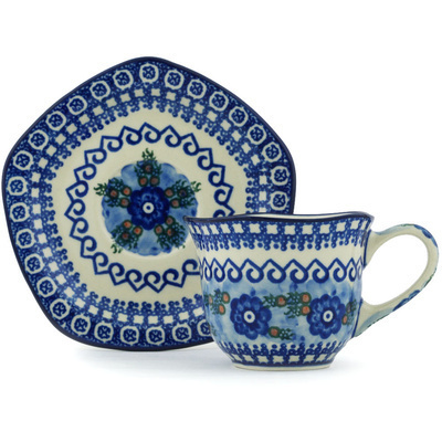 Polish Pottery Cup with Saucer 8 oz Alpine Spring UNIKAT