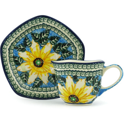 Polish Pottery Cup with Saucer 8 oz Black Eyed Susan UNIKAT