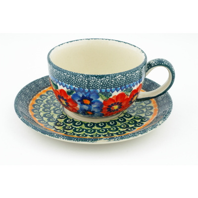 Polish Pottery Cup with Saucer 8 oz Blue And Red Poppies UNIKAT