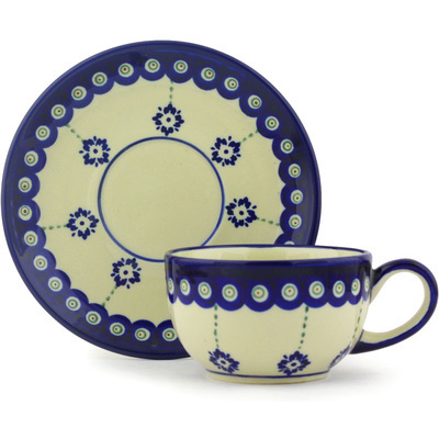Polish Pottery Cup with Saucer 8 oz Blue Boutonniere
