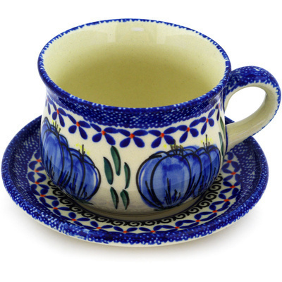 Polish Pottery Cup with Saucer 8 oz Blue Bulbs