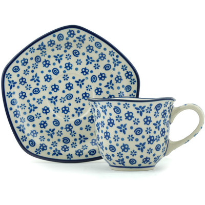 Polish Pottery Cup with Saucer 8 oz Blue Confetti
