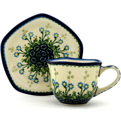 Polish Pottery Cup with Saucer 8 oz Blue Daisy Circle