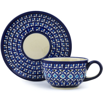Polish Pottery Cup with Saucer 8 oz Blue Diamond Dream