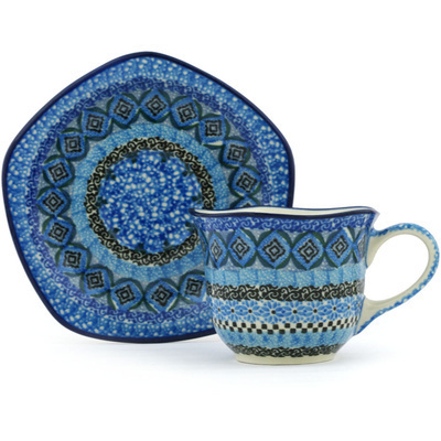 Polish Pottery Cup with Saucer 8 oz Blue Kaleidoscope UNIKAT