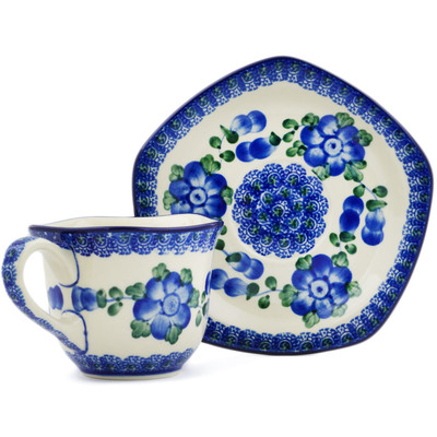 Polish Pottery Cup with Saucer 8 oz Blue Poppies