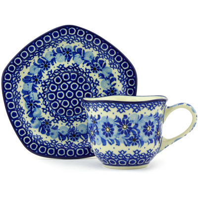 Polish Pottery Cup with Saucer 8 oz Blue Poppy Wreath UNIKAT