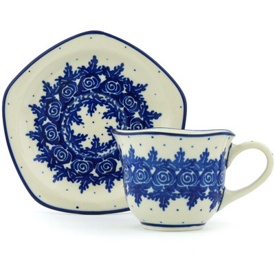 Polish Pottery Cup with Saucer 8 oz Blue Rosebuds UNIKAT