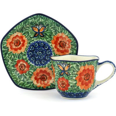 Polish Pottery Cup with Saucer 8 oz Butterfly Peach Poppies UNIKAT