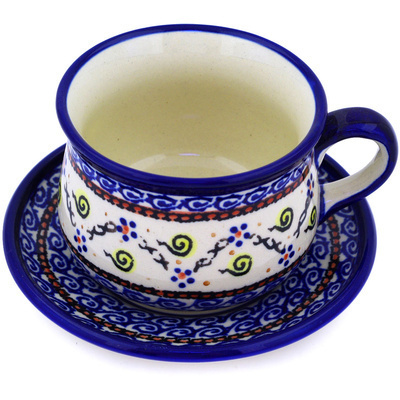 Polish Pottery Cup with Saucer 8 oz Confetti