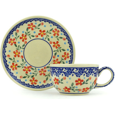 Polish Pottery Cup with Saucer 8 oz Country Garden