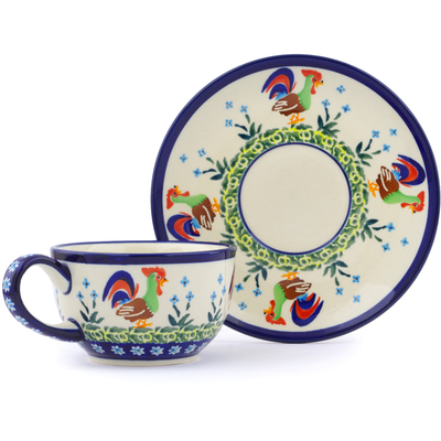 Polish Pottery Cup with Saucer 8 oz Country Rooster UNIKAT