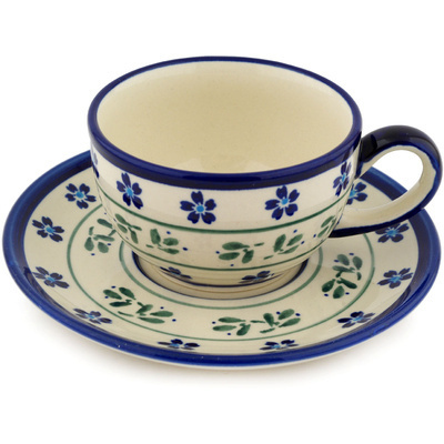 Polish Pottery Cup with Saucer 8 oz Daisy Field