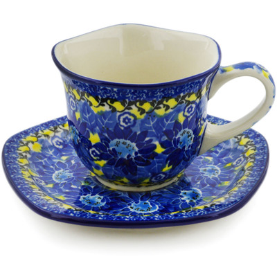 Polish Pottery Cup with Saucer 8 oz Deep Blue UNIKAT