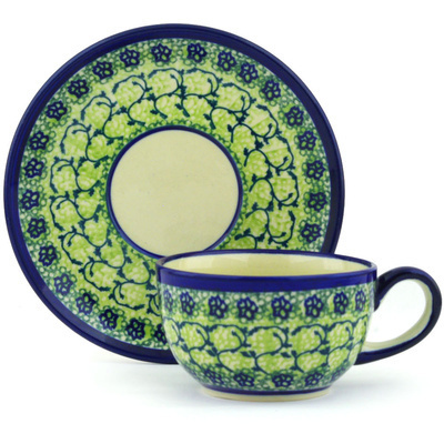 Polish Pottery Cup with Saucer 8 oz Emerald Forest