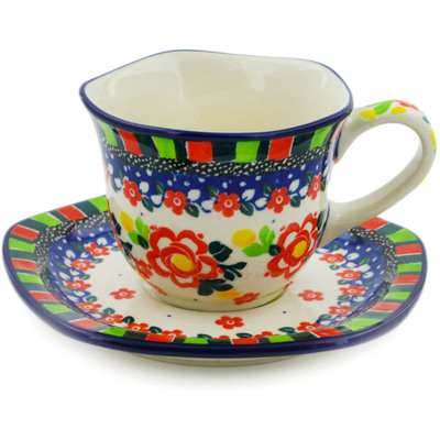 Polish Pottery Cup with Saucer 8 oz Floral Puzzles UNIKAT