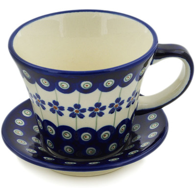 Polish Pottery Cup with Saucer 8 oz Flowering Peacock