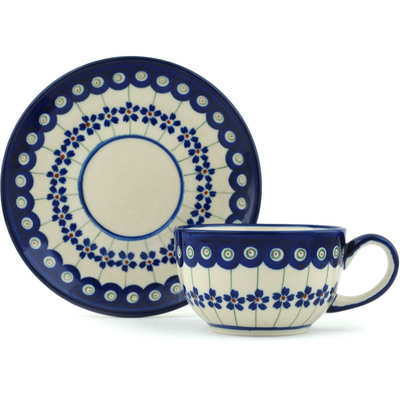 Polish Pottery Cup with Saucer 8 oz Flowering Peacock