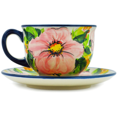 Polish Pottery Cup with Saucer 8 oz Full Of Flowers UNIKAT