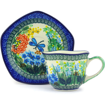Polish Pottery Cup with Saucer 8 oz Garden Delight UNIKAT