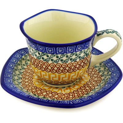 Polish Pottery Cup with Saucer 8 oz Grecian Sea