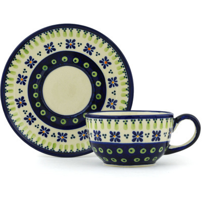 Polish Pottery Cup with Saucer 8 oz Green Gingham Peacock
